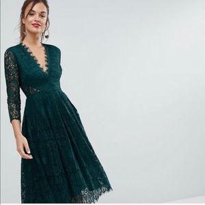 ASOS jewel green lace long sleeve midi dress